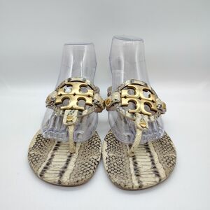 Tory Burch Metal Miller Snakeskin Print Thong Sandals Golden Medallion Logo 6.5